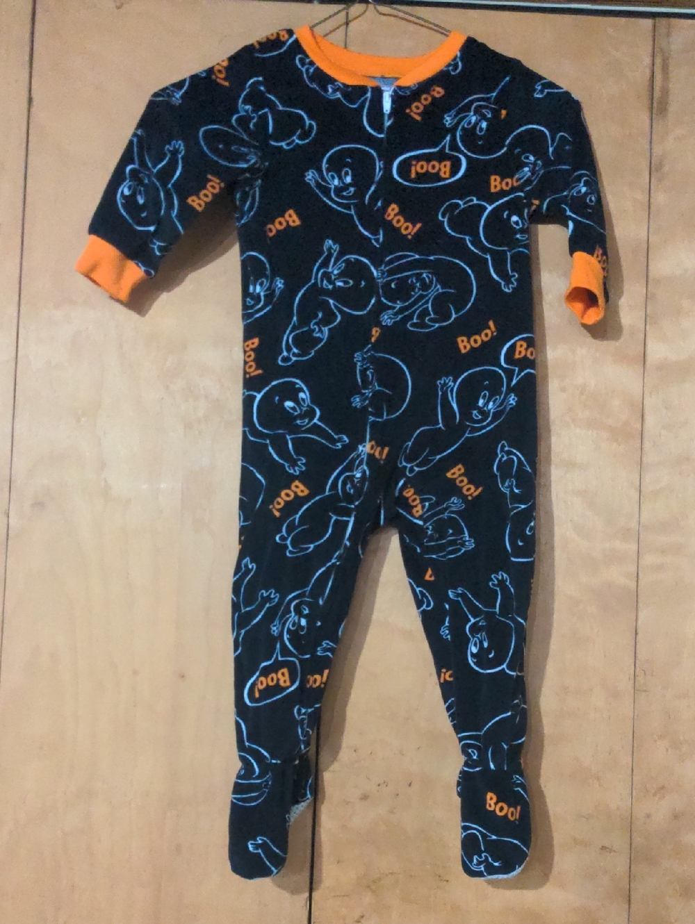 Kids Halloween Ghost Casper Print One-Piece Pajamas - Black & Orange